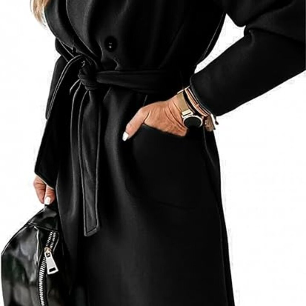 Women Double Breasted Wool Blend Notched Lapel Belted Peacoat Mid Long Coat Sz M - Picture 5 of 8